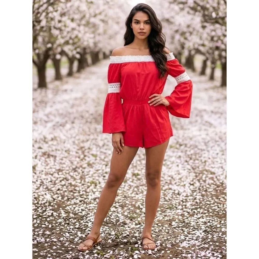 🍑Cals Coral & Cream Long Bell Sleeve Romper Shorts Large